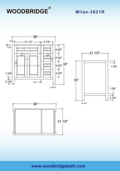 WOODBRIDGE Milan 36"x21"x33" Solid Wood Bath Vanities Cabinet Only with Drawers on Right, without Top, White, Milan 3621R-WH