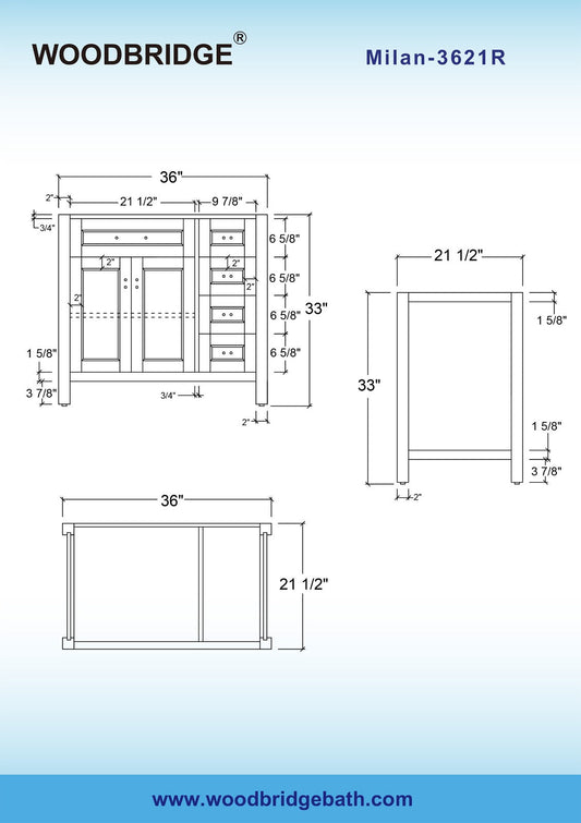 WOODBRIDGE Milan 36"x21"x33" Solid Wood Bath Vanities Cabinet Only with Drawers on Right, without Top, White, Milan 3621R-WH