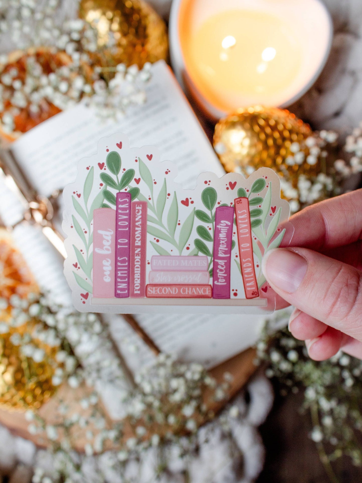 Meaggie Moos - Romance Book Trope Bookshelf Waterproof Vinyl Sticker