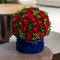 Classic Royal Blue Suede Box | Red Persian Buttercups & Green Hydrangeas