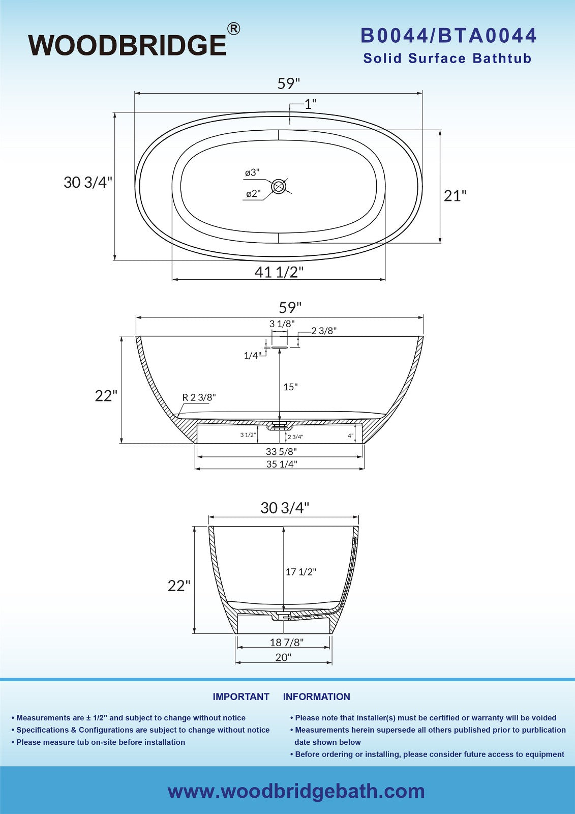WOODBRIDGE 59 in. x 30.75 in. Luxury Contemporary Solid Surface Freestanding Bathtub