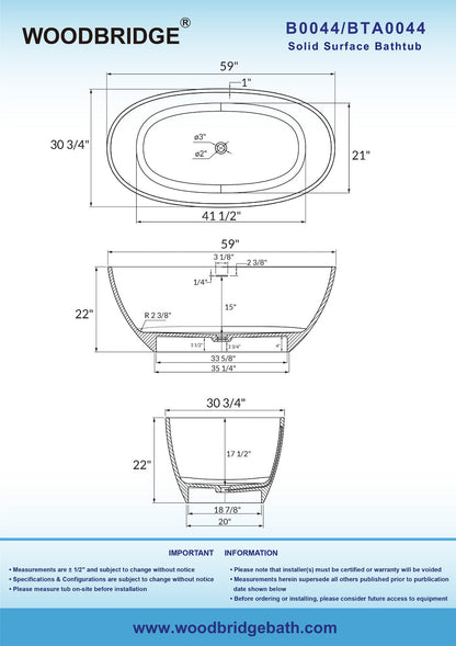 WOODBRIDGE 59 in. x 30.75 in. Luxury Contemporary Solid Surface Freestanding Bathtub