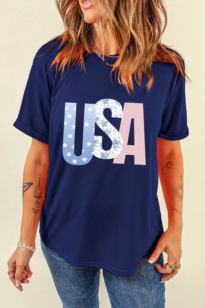 Blue USA Graphic July 4th Crew Neck T-Shirt – Patriotic Comfort Tee