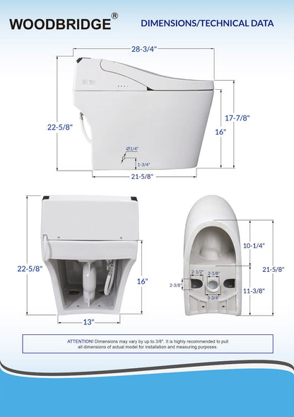 WOODBRIDGE B0960S Auto Flush, Auto Open & Auto Close, 1.28 GPF Single Flush Toilet with Intelligent Smart Bidet Seat and Wireless Remote Control, Chair Height