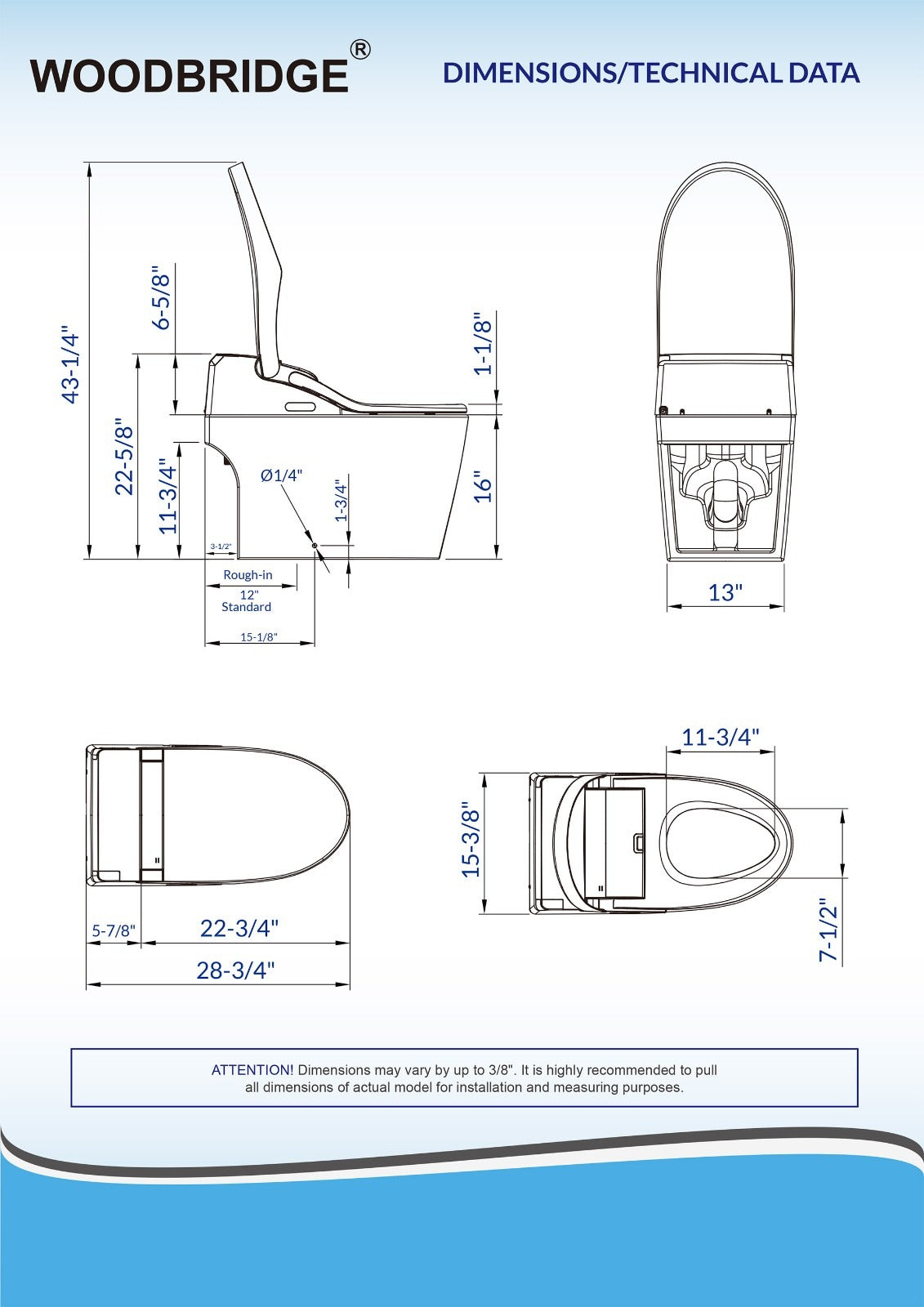 WOODBRIDGE B0960S Auto Flush, Auto Open & Auto Close, 1.28 GPF Single Flush Toilet with Intelligent Smart Bidet Seat and Wireless Remote Control, Chair Height