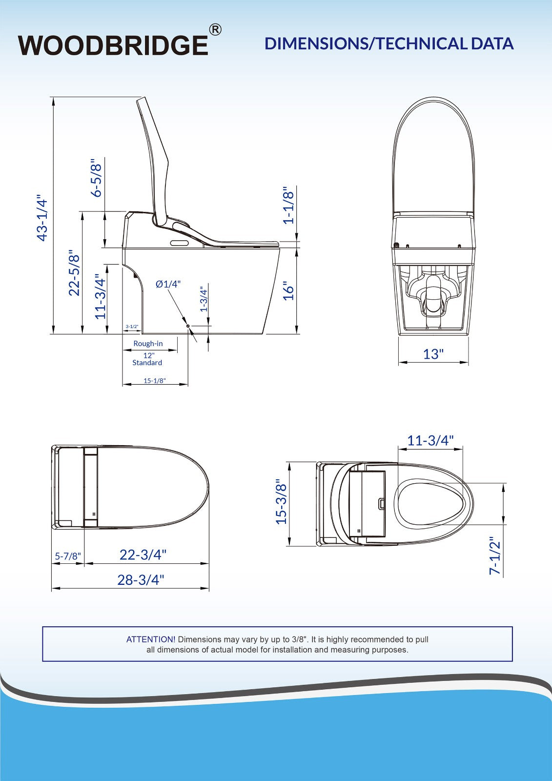 WOODBRIDGE B0960S Auto Flush, Auto Open & Auto Close, 1.28 GPF Single Flush Toilet with Intelligent Smart Bidet Seat and Wireless Remote Control, Chair Height