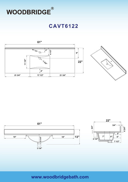 WOODBRIDGE 61" x 22" Vanity Top with Double Under Mount Rectangle Bowls, Carrara White Marble, Pre-drilled with Single hole Faucet set up Option