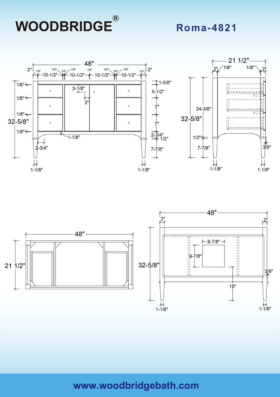 WOODBRIDGE Roma 49"x22"x38" Solid Wood Bath Vanity in White with Gold Hardware and Dark Gray Engineered Stone Composite vanity top with 3 Pre-Drilled Holes, Roma-4821-White+DGVT4922D-8