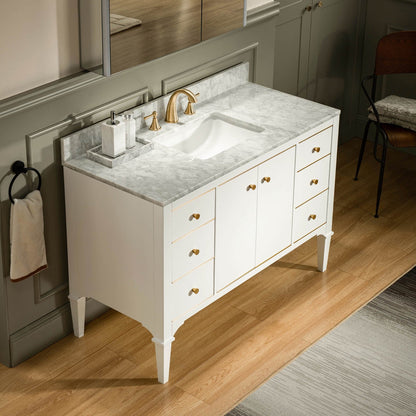 WOODBRIDGE Roma 49"x22"x38" Solid Wood Bath Vanity in White with Gold Hardware and Carrara Marble Top with 3 Pre-Drilled Holes, Roma-4821-White+CAVT4922D-8
