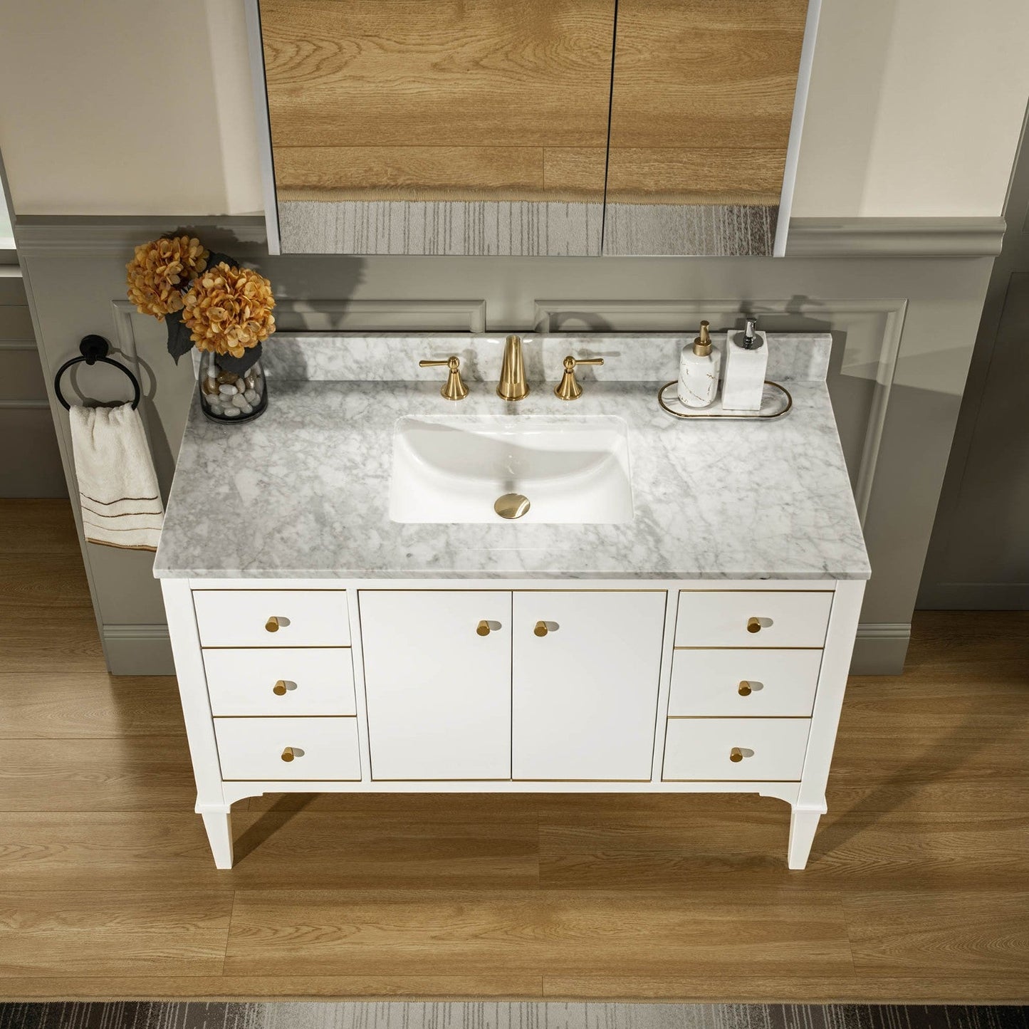 WOODBRIDGE Roma 49"x22"x38" Solid Wood Bath Vanity in White with Gold Hardware and Carrara Marble Top with 3 Pre-Drilled Holes, Roma-4821-White+CAVT4922D-8