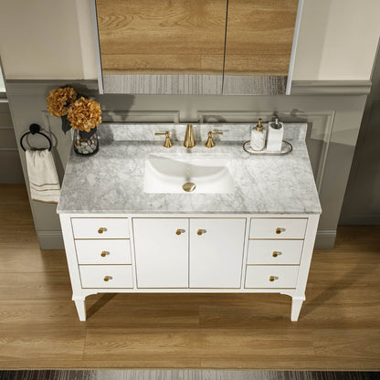 WOODBRIDGE Roma 49"x22"x38" Solid Wood Bath Vanity in White with Gold Hardware and Carrara Marble Top with 3 Pre-Drilled Holes, Roma-4821-White+CAVT4922D-8