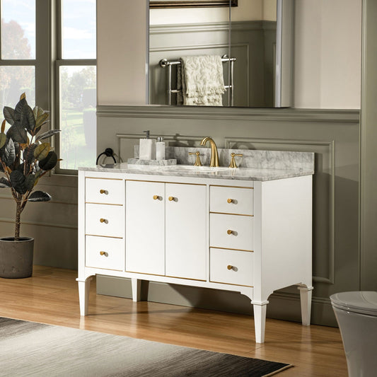 WOODBRIDGE Roma 49"x22"x38" Solid Wood Bath Vanity in White with Gold Hardware and Carrara Marble Top with 3 Pre-Drilled Holes, Roma-4821-White+CAVT4922D-8