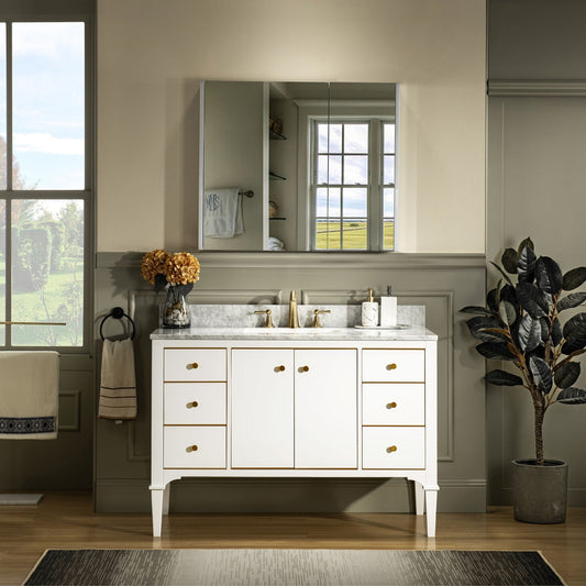 WOODBRIDGE Roma 49"x22"x38" Solid Wood Bath Vanity in White with Gold Hardware and Carrara Marble Top with 3 Pre-Drilled Holes, Roma-4821-White+CAVT4922D-8