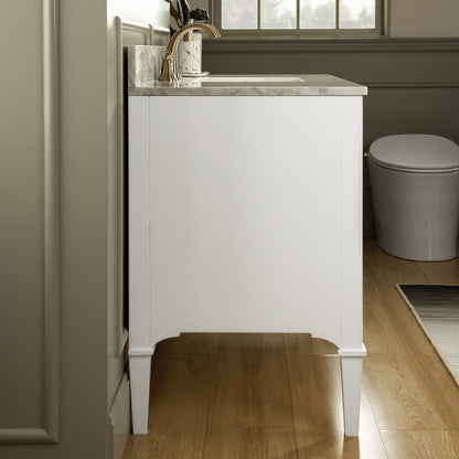 WOODBRIDGE Roma 49"x22"x38" Solid Wood Bath Vanity in White with Gold Hardware and Carrara Marble Top with 3 Pre-Drilled Holes, Roma-4821-White+CAVT4922D-8