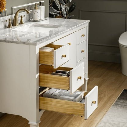 WOODBRIDGE Roma 49"x22"x38" Solid Wood Bath Vanity in White with Gold Hardware and Carrara Marble Top with 3 Pre-Drilled Holes, Roma-4821-White+CAVT4922D-8