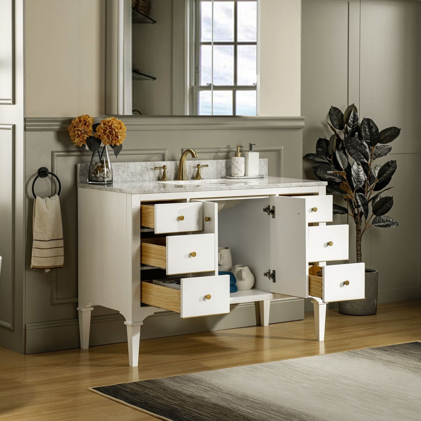 WOODBRIDGE Roma 49"x22"x38" Solid Wood Bath Vanity in White with Gold Hardware and Carrara Marble Top with 3 Pre-Drilled Holes, Roma-4821-White+CAVT4922D-8