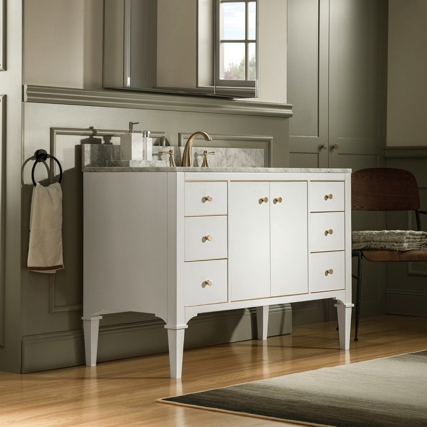 WOODBRIDGE Roma 49"x22"x38" Solid Wood Bath Vanity in White with Gold Hardware and Carrara Marble Top with 3 Pre-Drilled Holes, Roma-4821-White+CAVT4922D-8