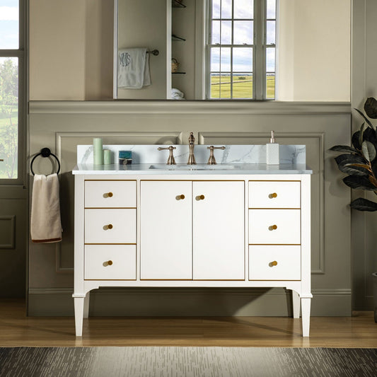 WOODBRIDGE Roma 49"x22"x38" Solid Wood Bath Vanity in White with Gold Hardware and Fish Belly Engineered Stone Composite vanity top with 3 Pre-Drilled Holes, Roma-4821-White+FBVT4922D-8