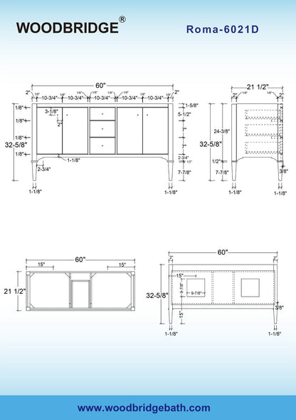 WOODBRIDGE Roma 61"x22"x38" Solid Wood Bath Vanity in Espresso with Gold Hardware and Carrara Marble Top with Pre-Drilled Hole for Single Hole Faucet, Roma-6021-Espresso+CAVT6122D-8