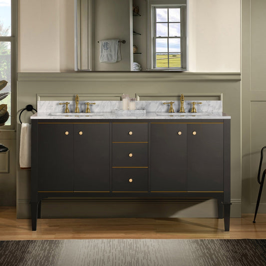 WOODBRIDGE Roma 61"x22"x38" Solid Wood Bath Vanity in Espresso with Gold Hardware and Carrara Marble Top with Pre-Drilled Hole for Single Hole Faucet, Roma-6021-Espresso+CAVT6122D-8