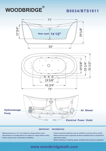 WOODBRIDGE 71" Whirlpool Water Jetted and Air Bubble Freestanding Bathtub