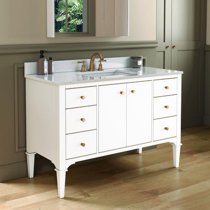 WOODBRIDGE Roma 49"x22"x38" Solid Wood Bath Vanity in White with Gold Hardware and Carrara Engineered Stone Composite vanity top with 3 Pre-Drilled Holes, Roma-4821-White+CALAVT4922D-8