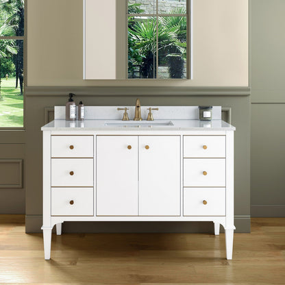 WOODBRIDGE Roma 49"x22"x38" Solid Wood Bath Vanity in White with Gold Hardware and Carrara Engineered Stone Composite vanity top with 3 Pre-Drilled Holes, Roma-4821-White+CALAVT4922D-8