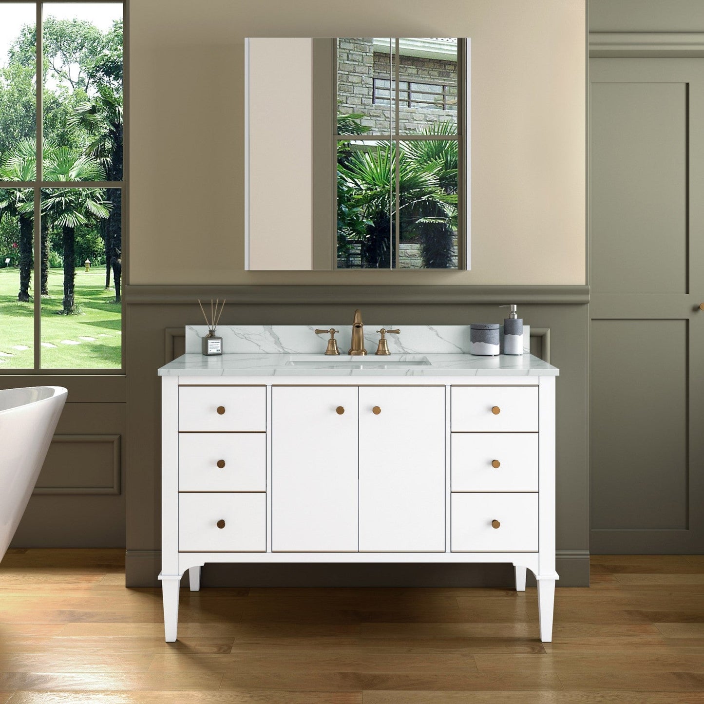 WOODBRIDGE Roma 49"x22"x38" Solid Wood Bath Vanity in White with Gold Hardware and Fish Belly Engineered Stone Composite vanity top with 3 Pre-Drilled Holes, Roma-4821-White+FBVT4922D-8