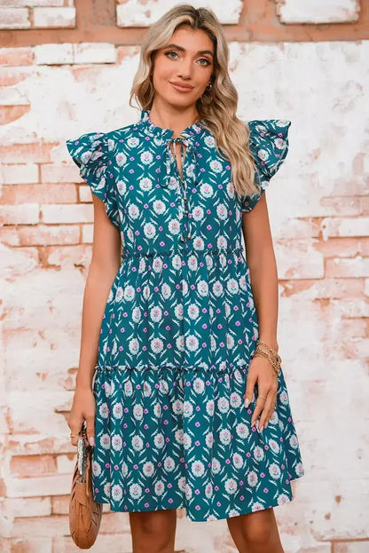 Blue Retro Floral Print Split Neck Ruffle Short Sleeve Dress