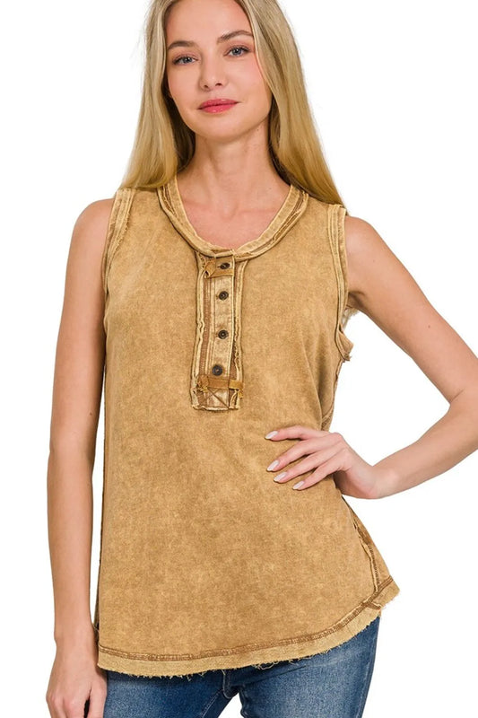 Zenana Washed Half-button Raw Edge Sleeveless Henley Top in Camel