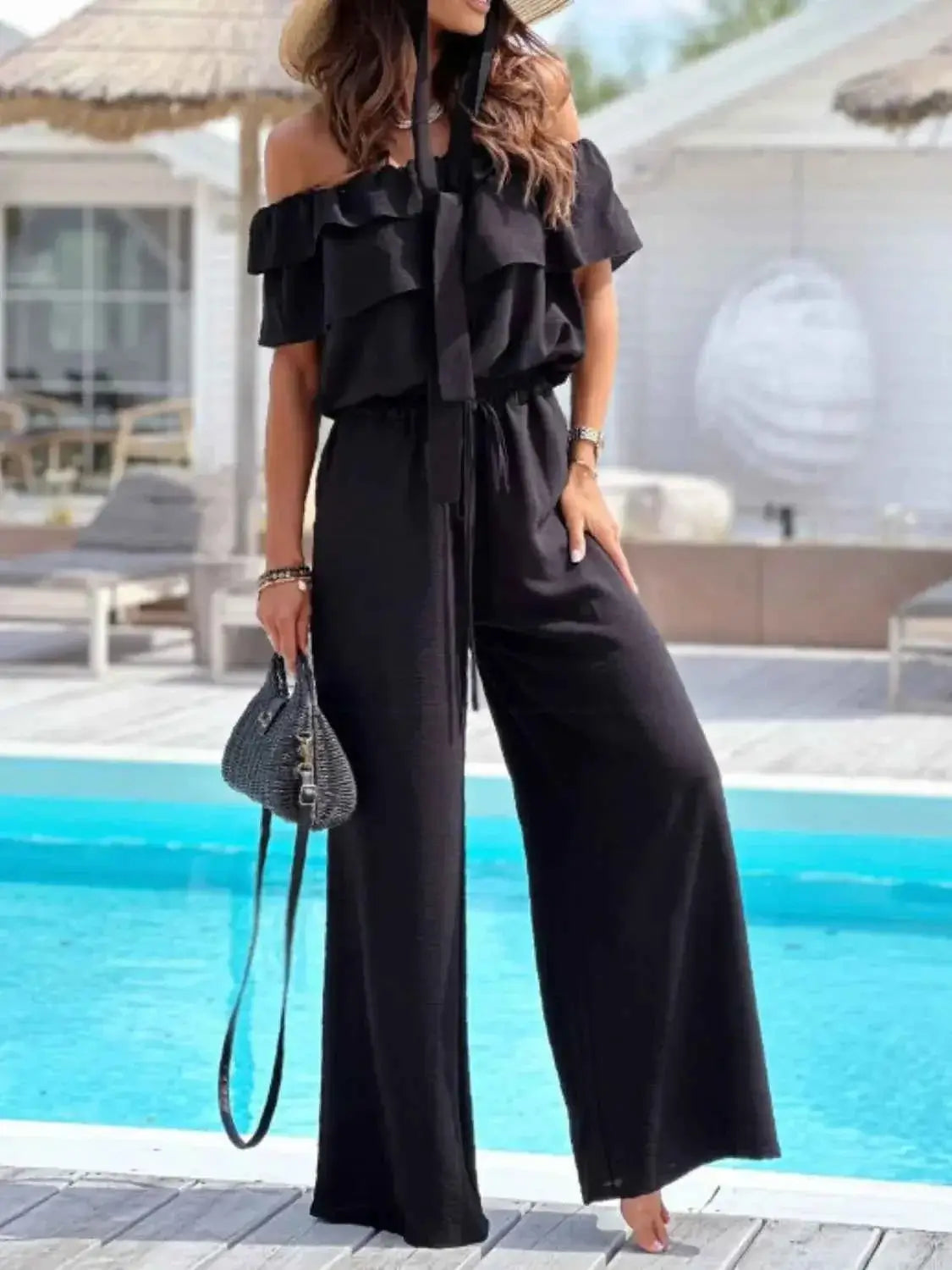 Wide Leg Jumpsuit - Off-Shoulder Ruffled Jumpsuit