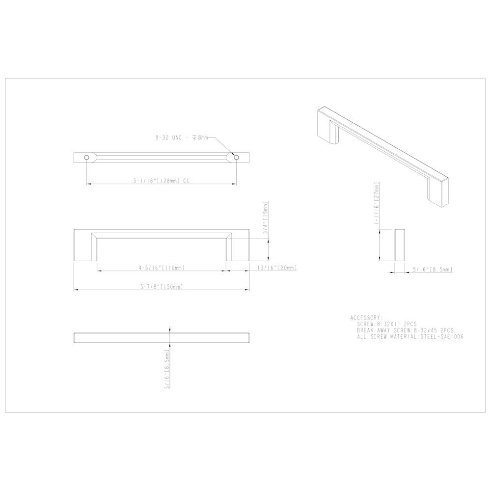 32 mm Center-to-Center Satin Nickel Square Sutton Cabinet Bar Pull