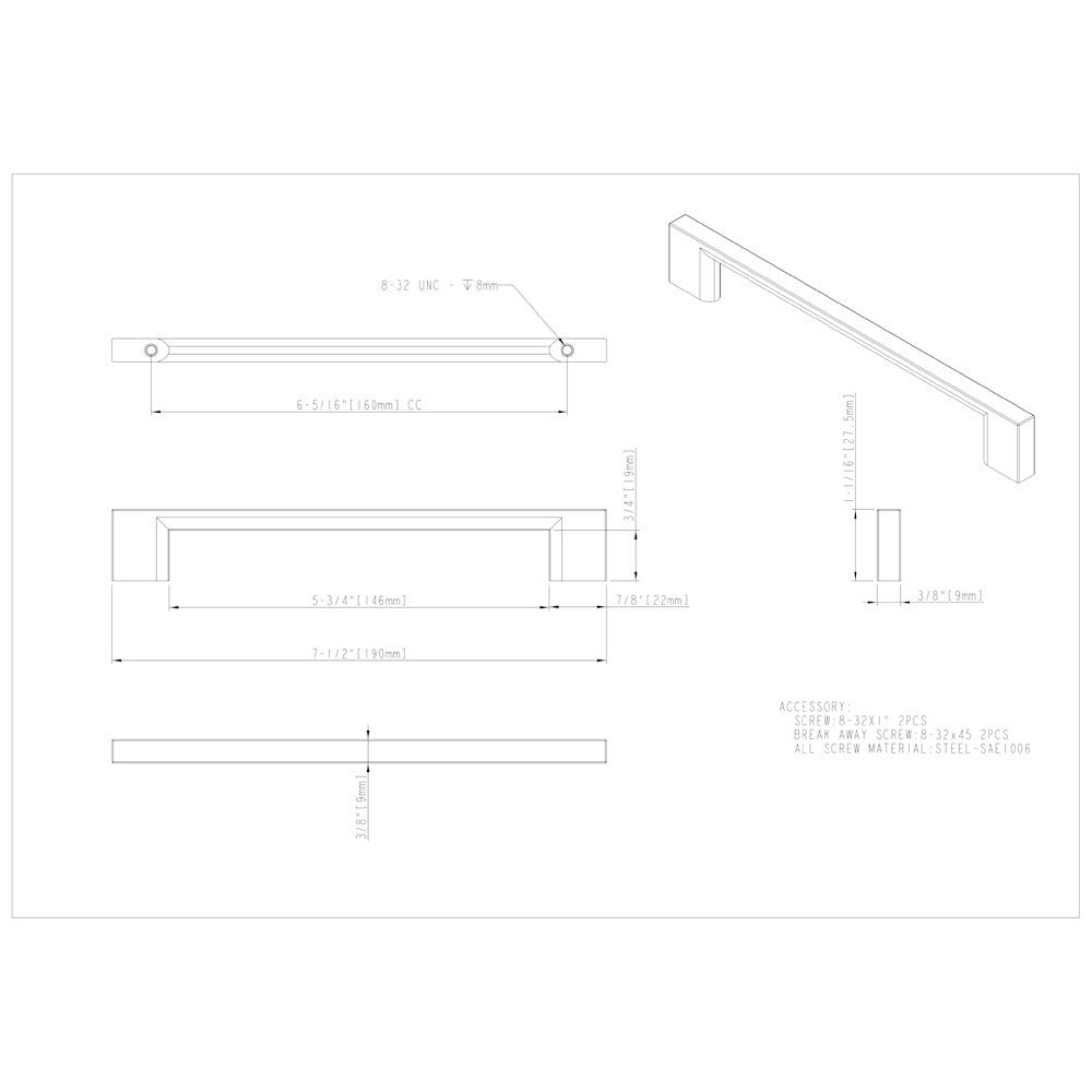 32 mm Center-to-Center Satin Nickel Square Sutton Cabinet Bar Pull