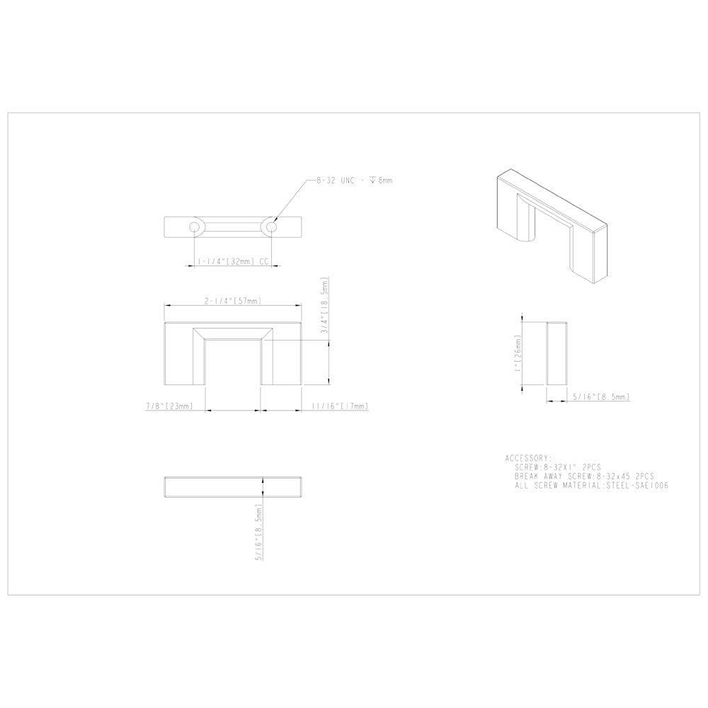 32 mm Center-to-Center Satin Nickel Square Sutton Cabinet Bar Pull