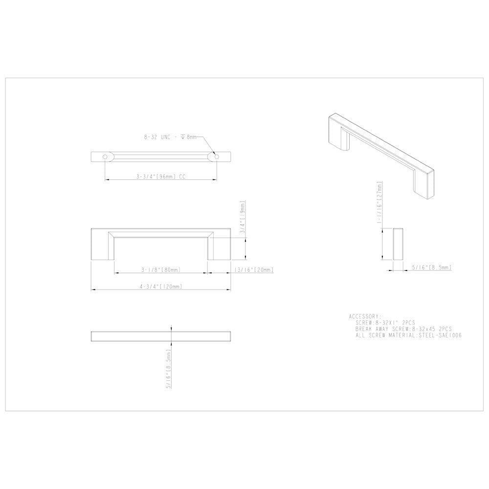 32 mm Center-to-Center Satin Nickel Square Sutton Cabinet Bar Pull