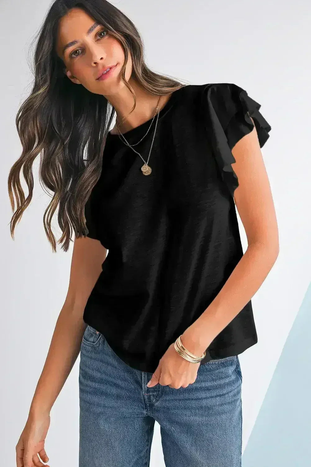 Dark Grey Ruffle Sleeve Plain Blouse | Femstylo