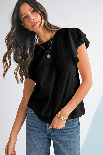 Dark Grey Ruffle Sleeve Plain Blouse | Femstylo