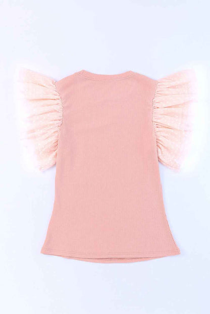 Pink Ruffle Knit Blouse - Casual Dotty Layered Ruffle Ribbed Knit Women's Top