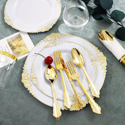 Elegant Gold Rim Plastic Dinnerware Set  50pcs Reusable