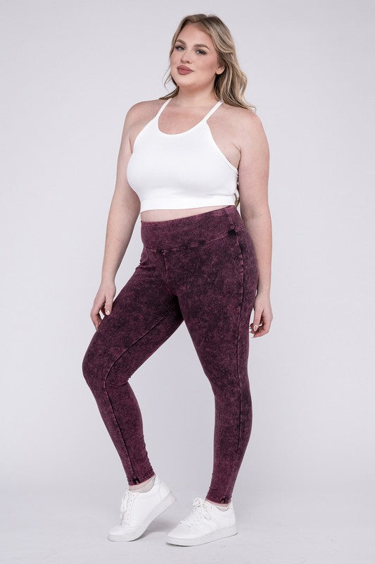 ZENANA Plus Mineral Washed Wide Waistband Yoga Leggings