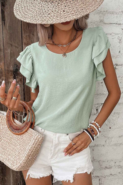 Aqua Ruffle Sleeve Blouse - Clearly Aqua Solid Color Crinkled Top