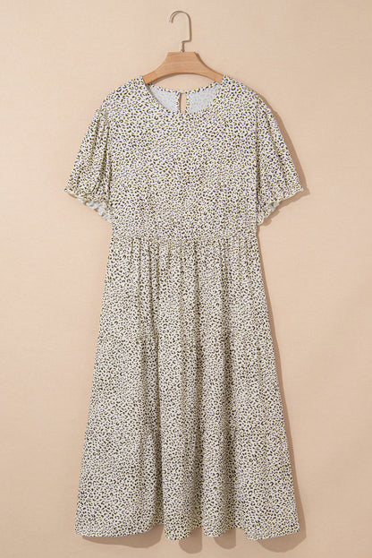 Beige Plus Size Leopard Print Frill Trim Short Sleeve Flared Dress