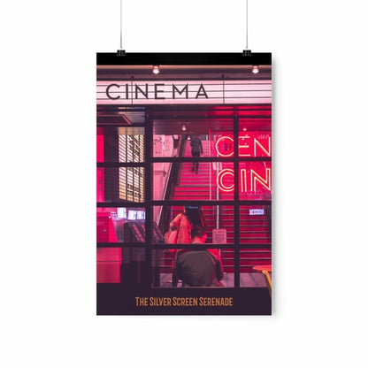 Poster of a cinema with people inside, featuring the word 'Cinema' and a pinkish-red color scheme.