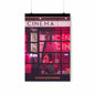 Poster of a cinema with people inside, featuring the word 'Cinema' and a pinkish-red color scheme.