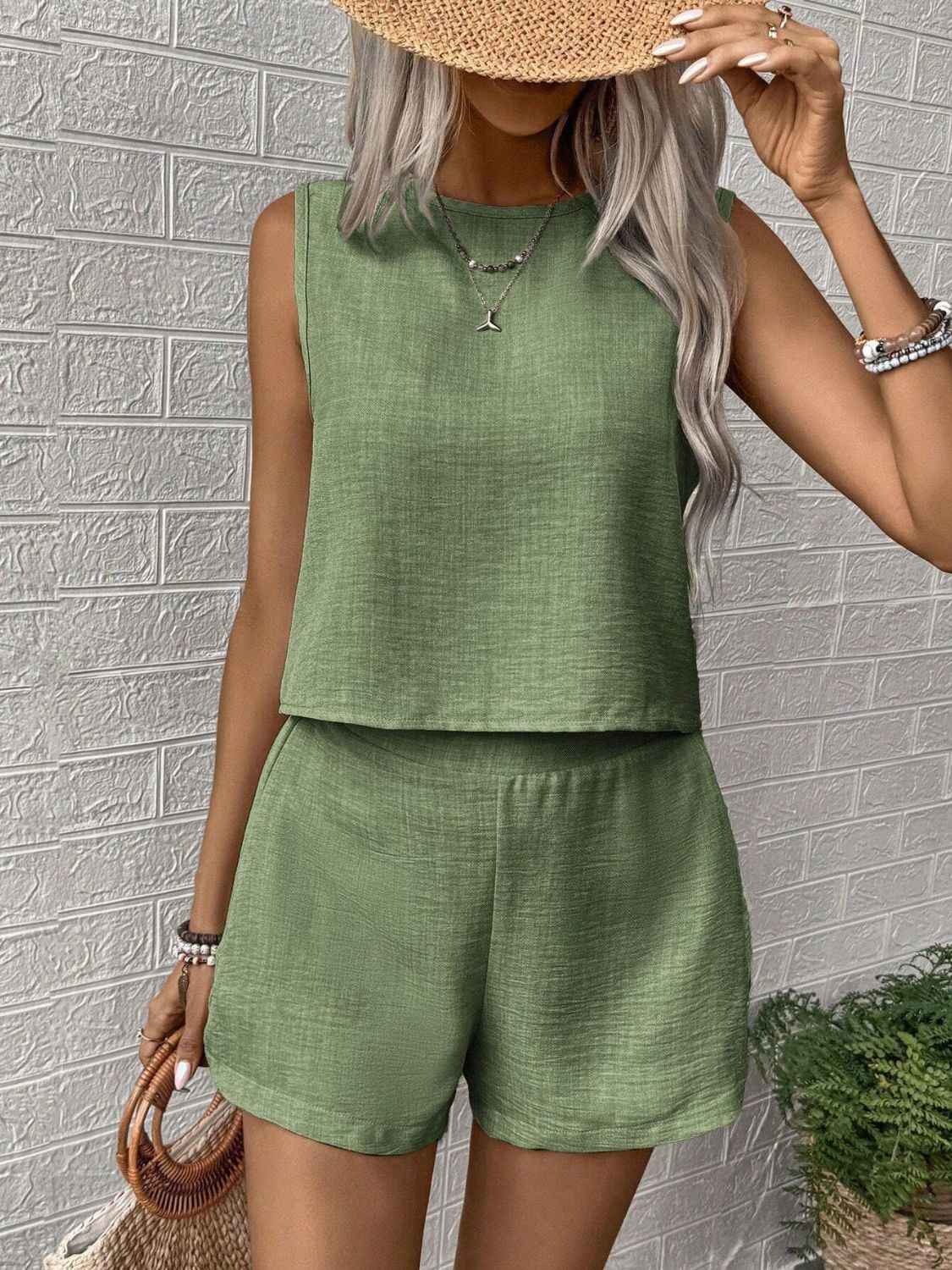 Round Neck Sleeveless Top Set with Shorts for Women