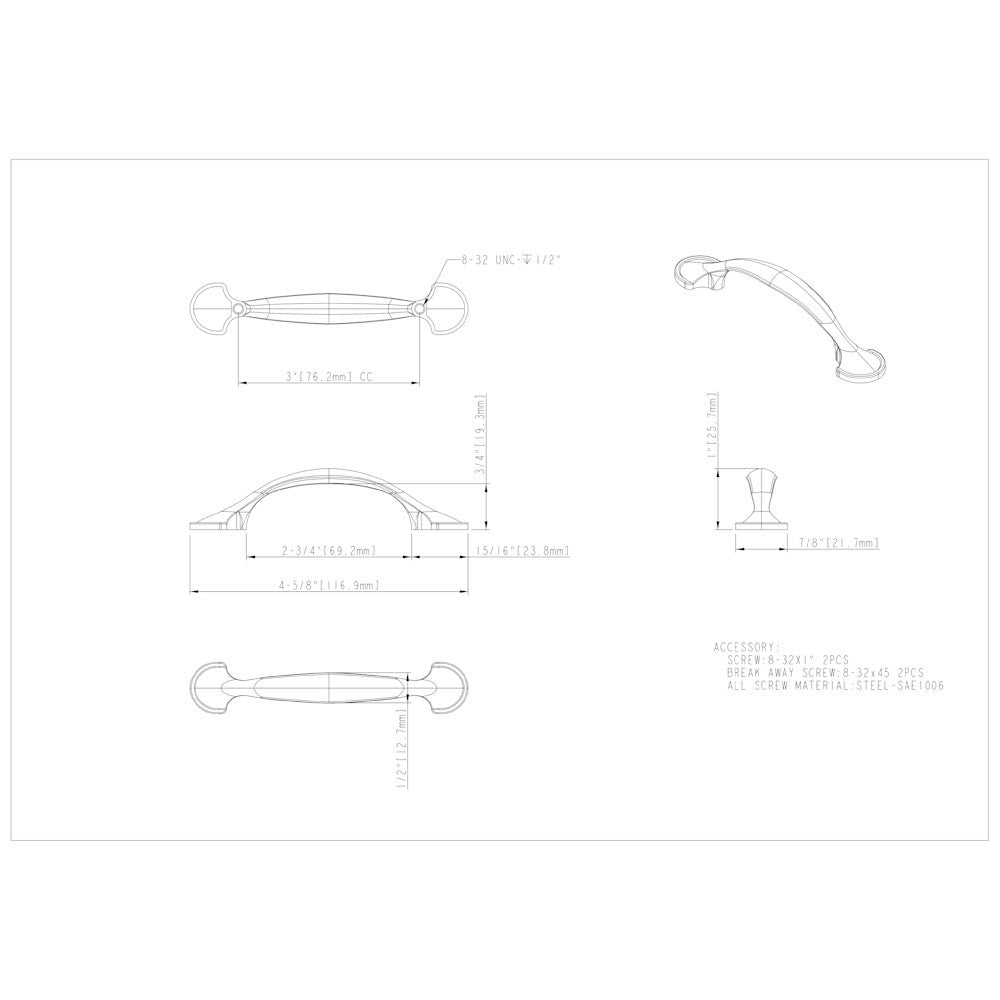 3" Center-to-Center Satin Nickel Watervale Cabinet Pull