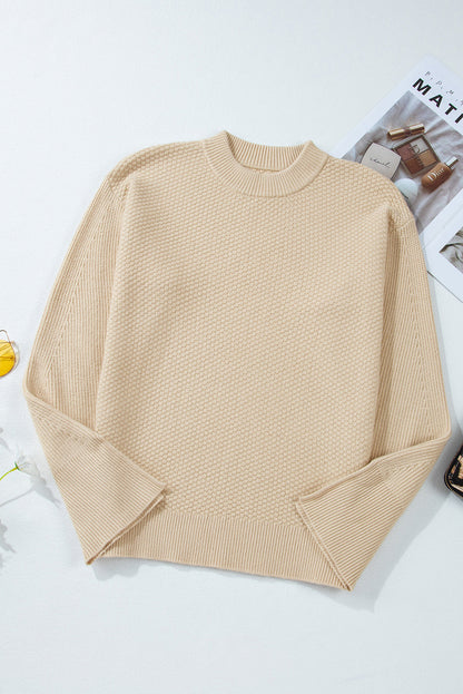 Parchment Knit Women's Top with Solid Textured Design and Split Cuff Drop Shoulder