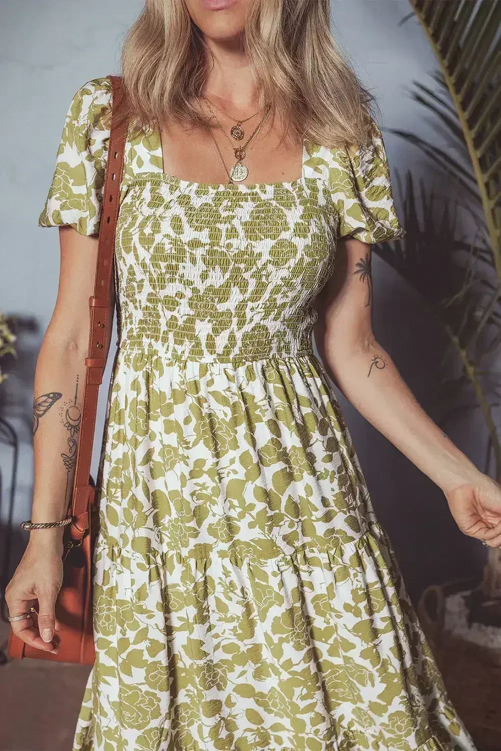 Yellow Boho Floral Print Square Neck Puff Sleeve Tiered Maxi Dress