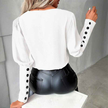 Women's V-Neck Contrast Trim Long Sleeve Blouse With Button Cuff Detail - Casual Comfort Top