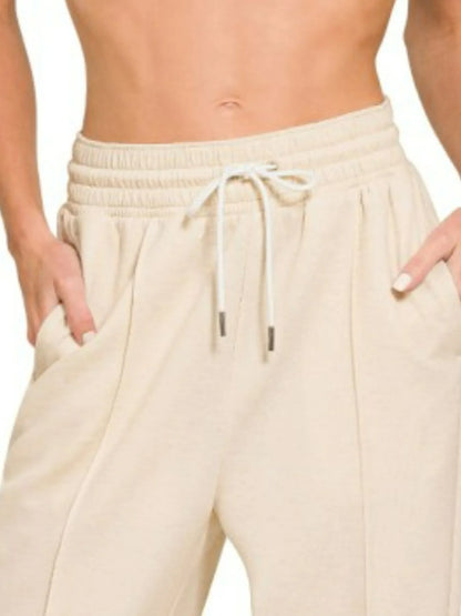Zenana Drawstring Scuba Sweatpants with Pockets in Beige